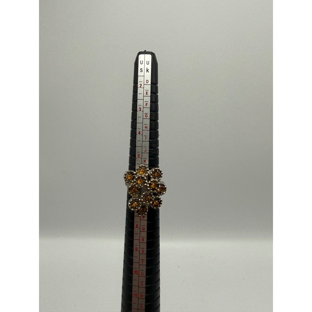 Vintage Brutalist Silver Tone Amber Rhinestone Cluster Adjustable Statement Ring - Picture 6 of 6